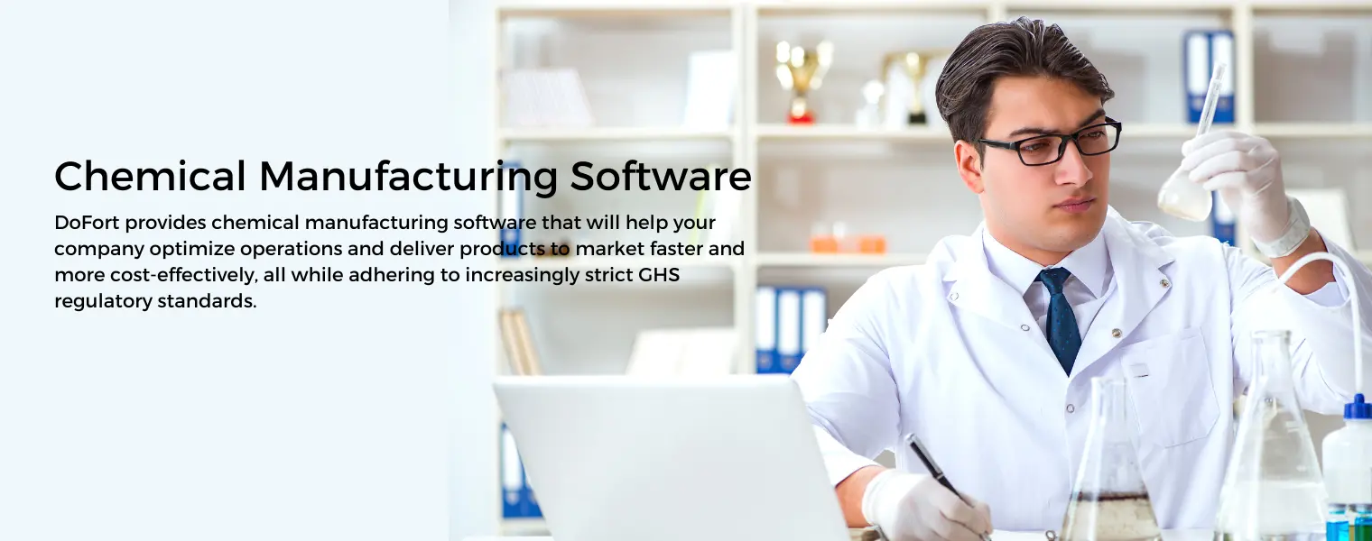 Expert testing chemical solutions with advanced tools, showcasing DoFort's chemical manufacturing ERP software.