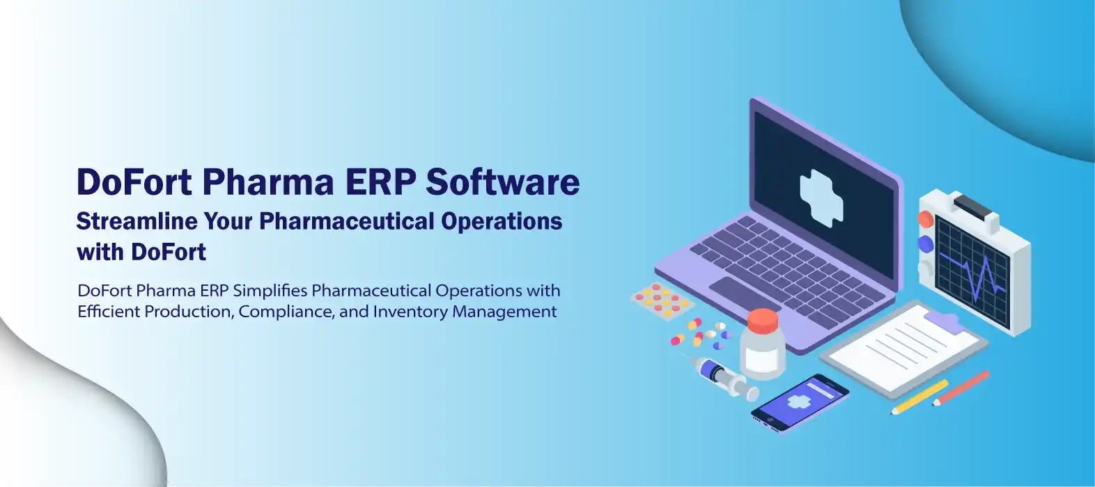 Pharma ERP Software banner showcasing products and a dashboard designed for streamlined operations.