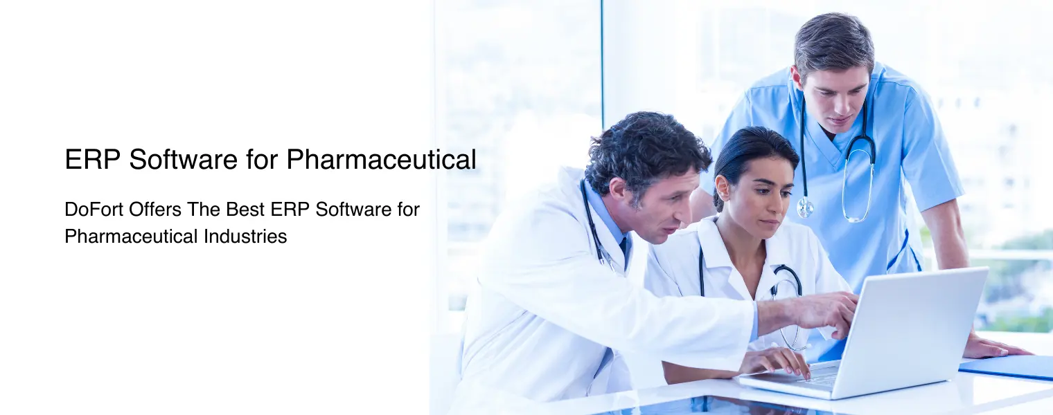 Three pharma specialists examining DoFort pharmacy management software to boost efficiency and ensure compliance in the pharmaceutical sector.